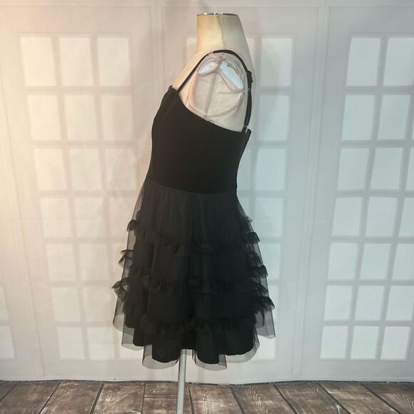Row A Black Velvet Ruffled Chiffon Skirt Lined Mini Party Dress Size Large - Picture 6 of 10